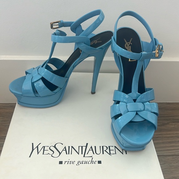 Yves Saint Laurent Shoes - SAINT LAURENT YSL Tribute T-Strap Platform Patent Leather Sandals